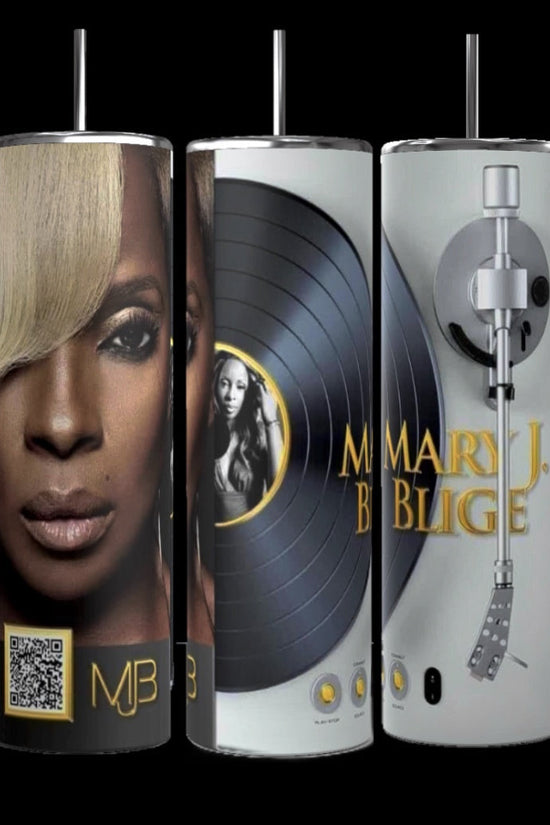 The Kreative Kreationz Mary J Blige 20oz Tumbler features a working QR code and iconic designs—her portrait, a vinyl record, and a turntable—against black stainless steel; the perfect reusable tumbler for fans.
