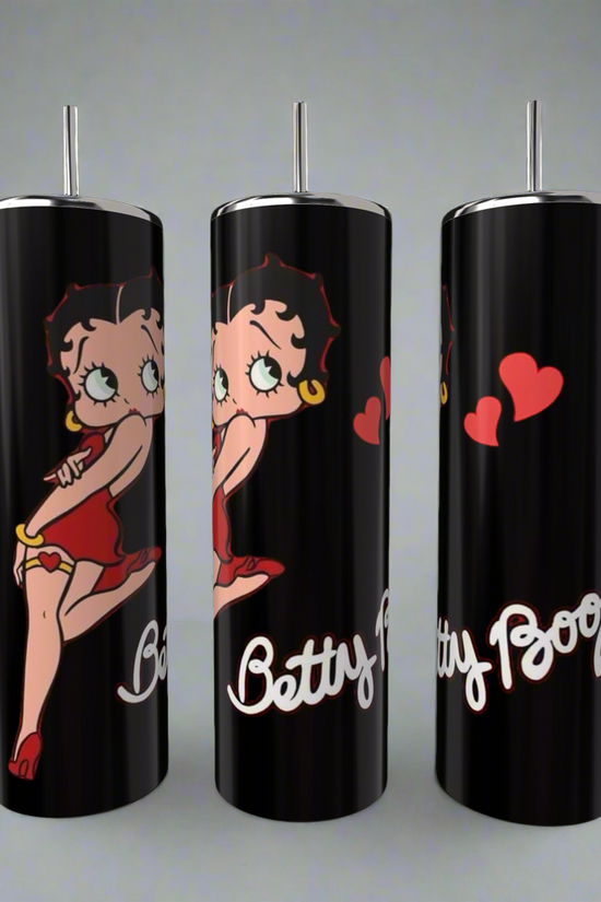 The Betty B 20oz Skinny Tumbler by Kreative Kreationz features the iconic cartoon character in a red dress with hearts, showcasing her name prominently.