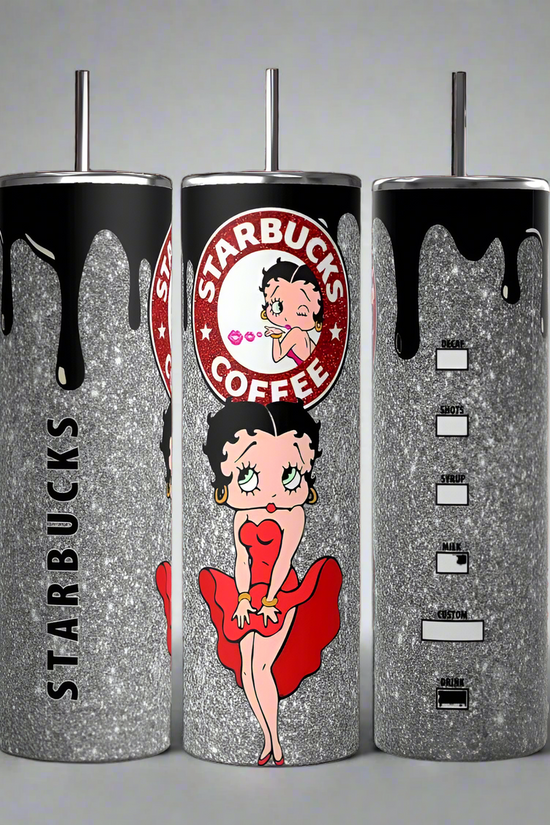 The Kreative Kreationz Betty B Starbucks 20oz Skinny Tumbler set includes three tall silver tumblers with glittery finishes, featuring cartoon designs and 