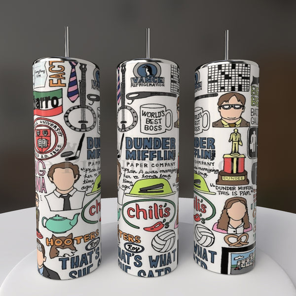 Three Kreative Kreationz 20oz stainless steel tumblers, featuring vibrant designs including "The Office" and restaurant logos, are displayed on a pristine white surface. Crafted as eco-friendly drinkware, they boast colorful graphics from popular culture.