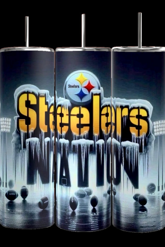 The Steelers Nation 20oz Skinny Tumbler by Kreative Kreationz features a vibrant design with 