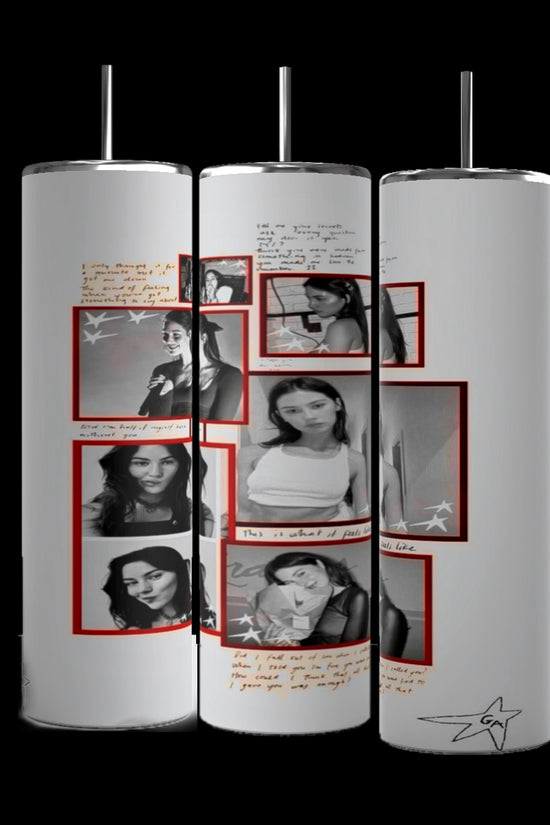 Three cylindrical art pieces, resembling the Gracie Abrams 20oz Skinny Tumbler from Kreative Kreationz, feature black-and-white photos of a woman in various poses. Each photo is surrounded by red rectangular frames, with handwritten notes and sketches decorating the margins. Crafted with durable construction, their plain gray background adds a minimalist touch.