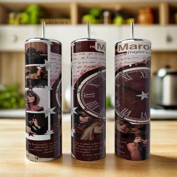 Three RED Taylor Swift 20oz Skinny Tumblers by Kreative Kreationz with straws are on a kitchen counter, featuring a collage design of dark clock faces, handwritten text, and photos of Taylor Swift in various poses.