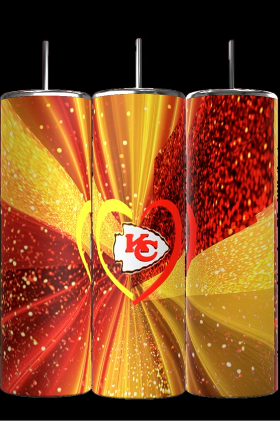 Three Kreative Kreationz Chiefs Heart 20oz Tumblers feature stainless steel construction with logos adorned in swirls of red and gold glitter, set against a backdrop of heart graphics.