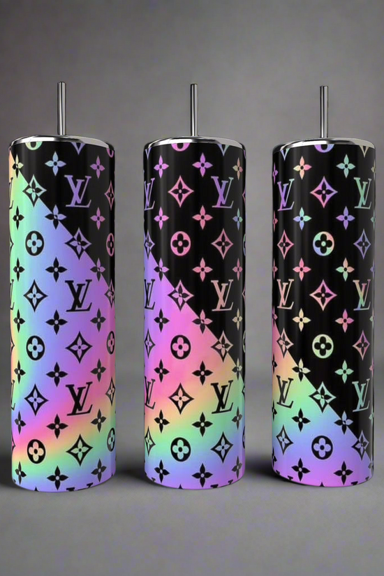 Three LV Metallic Rainbow 20oz Skinny Tumblers by Kreative Kreationz, each with a sleek black finish and iridescent Louis Vuitton monogram, are shown together—ideal eco-friendly luxury drinkware for style-conscious users.