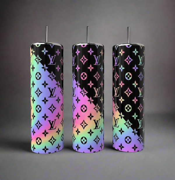 Three LV Metallic Rainbow 20oz Skinny Tumblers by Kreative Kreationz, each with a sleek black finish and iridescent Louis Vuitton monogram, are shown together—ideal eco-friendly luxury drinkware for style-conscious users.
