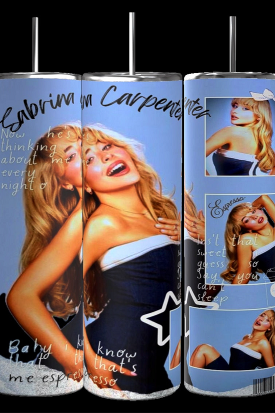 The Kreative Kreationz Sabrina Carlenter Expresso 20oz Tumbler features playful photos of a blonde woman on a blue background, handwritten-style song lyrics, durable construction, and a spill-proof lid—perfect for on-the-go.