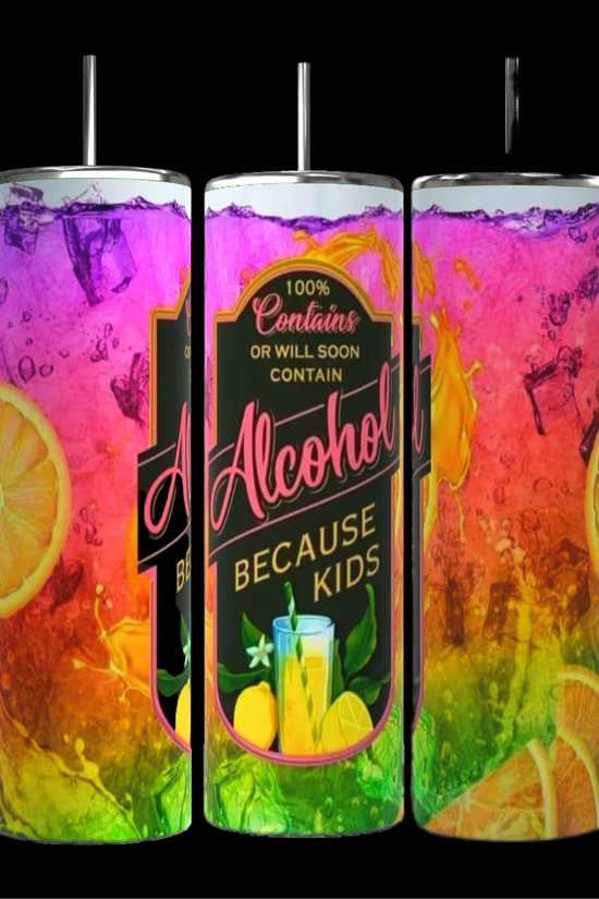 Three vibrant tumblers showcase images of citrus fruits and ice cubes. The center tumbler, from Kreative Kreationz's Because I Have Kids Spray 20oz Tumbler collection, humorously declares, 