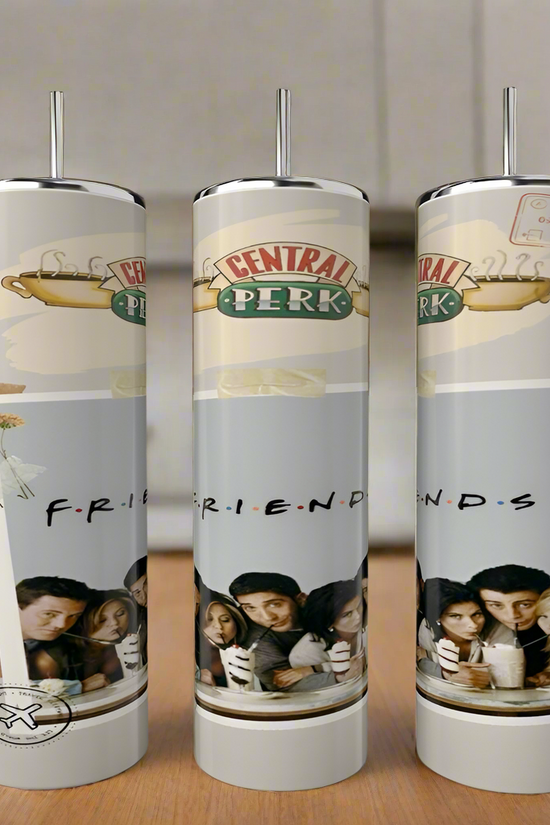 The Friends Poloraid Tumblers by Kreative Kreationz, featuring a coffeehouse design and an image of six friends with milkshakes and 