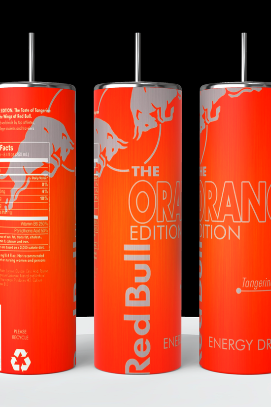 A collection of Red Bull lovers 20oz Tumblers from Kreative Kreationz, each displaying a different Red Bull flavor and distinct vibrant color. Arranged from left to right: Winter Edition (blue), Orange Edition (orange), Beach Edition (peach), Coconut Edition (white), Summer Edition (green), Original (silver), Sugarfree (white and blue stripe), and Tropical (yellow). Perfect for carrying your favorite energy drink without worrying about spills.