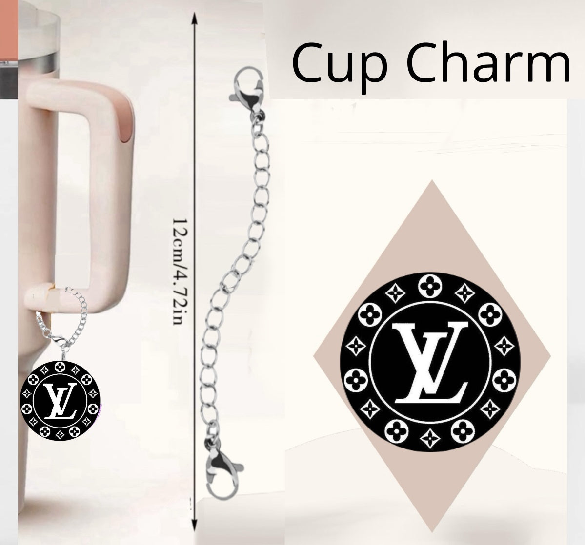 The LV Charm Dangle from Kreative Kreationz is a drinkware accessory featuring a black circle pendant with "VL". It elegantly hangs from a cup handle on a silver chain with clasps, measuring 12cm (4.72 inches).
