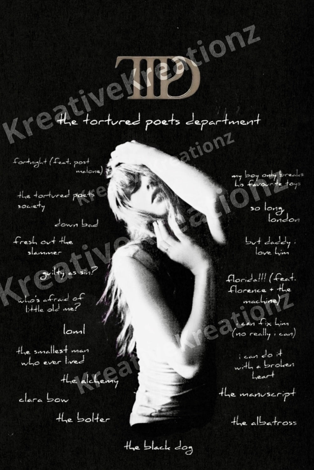 The TTPD Black dog Taylor Swift design features a stylized head-holding person encircled by phrases like "the tortured poets department" and "fresh out the slammer." Ideal for tumbler templates, it includes the Kreative Kreationz watermark.