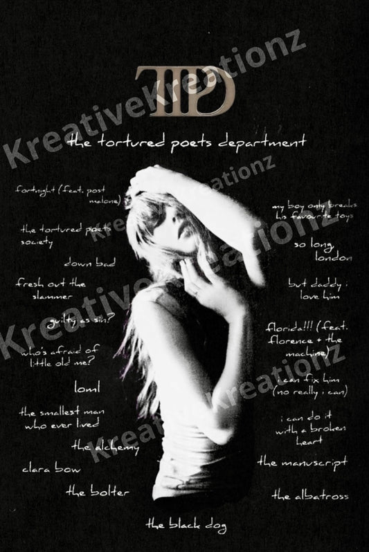 The TTPD Black dog Taylor Swift design features a stylized head-holding person encircled by phrases like "the tortured poets department" and "fresh out the slammer." Ideal for tumbler templates, it includes the Kreative Kreationz watermark.