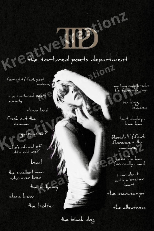 The TTPD Black dog Taylor Swift design features a stylized head-holding person encircled by phrases like "the tortured poets department" and "fresh out the slammer." Ideal for tumbler templates, it includes the Kreative Kreationz watermark.