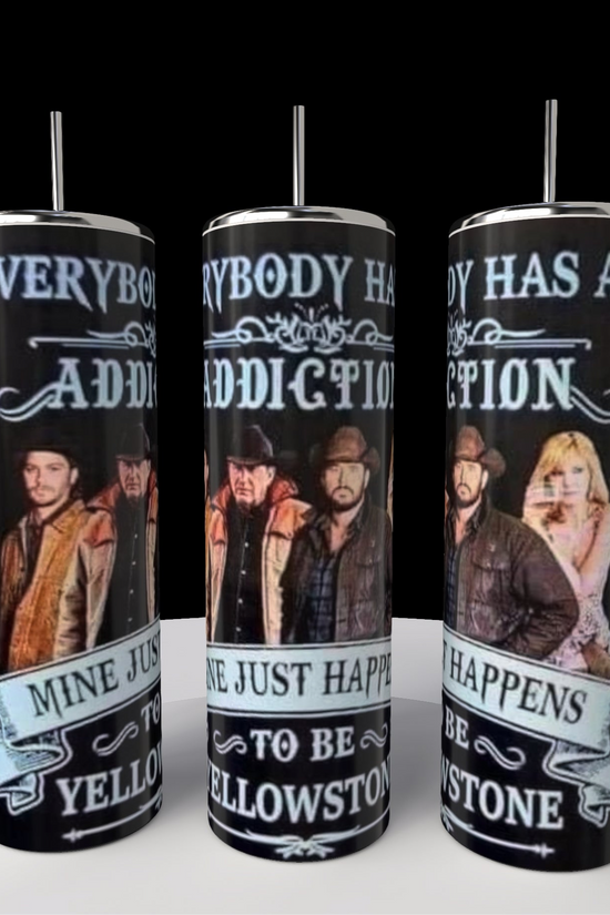 Three Yellowstone Addiction 20oz Tumblers by Kreative Kreationz feature a rustic design, text reading 