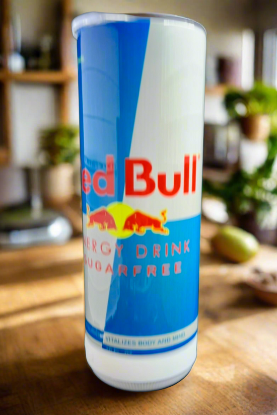 A collection of Red Bull lovers 20oz Tumblers from Kreative Kreationz, each displaying a different Red Bull flavor and distinct vibrant color. Arranged from left to right: Winter Edition (blue), Orange Edition (orange), Beach Edition (peach), Coconut Edition (white), Summer Edition (green), Original (silver), Sugarfree (white and blue stripe), and Tropical (yellow). Perfect for carrying your favorite energy drink without worrying about spills.
