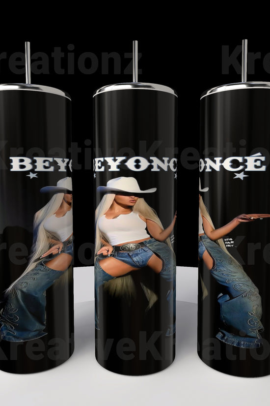 Three tall black stainless steel tumblers by Kreative Kreationz feature a woman in a cowboy hat and denim, with 