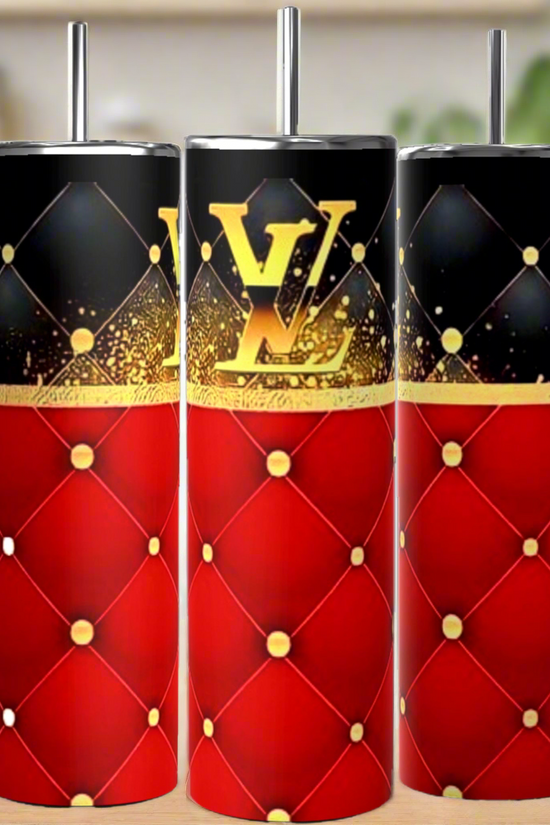 Three LV Red Designer 20oz Tumblers by Kreative Kreationz showcase a quilted red and black pattern, gold button accents, and a central gold 