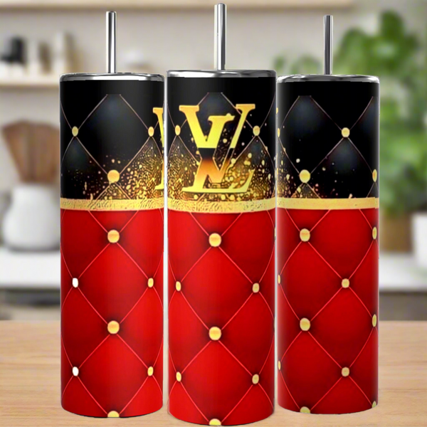 Three LV Red Designer 20oz Tumblers by Kreative Kreationz showcase a quilted red and black pattern, gold button accents, and a central gold "LV" logo, elegantly arranged on a kitchen counter.