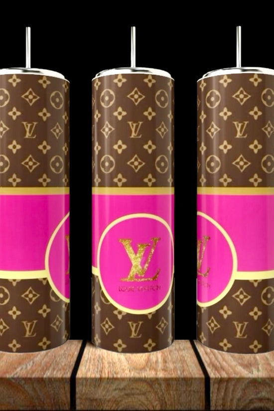 Three tall Kreative Kreationz LV Pink 20oz Tumblers, each with a brown and gold monogram pattern, bold pink band, and gold 