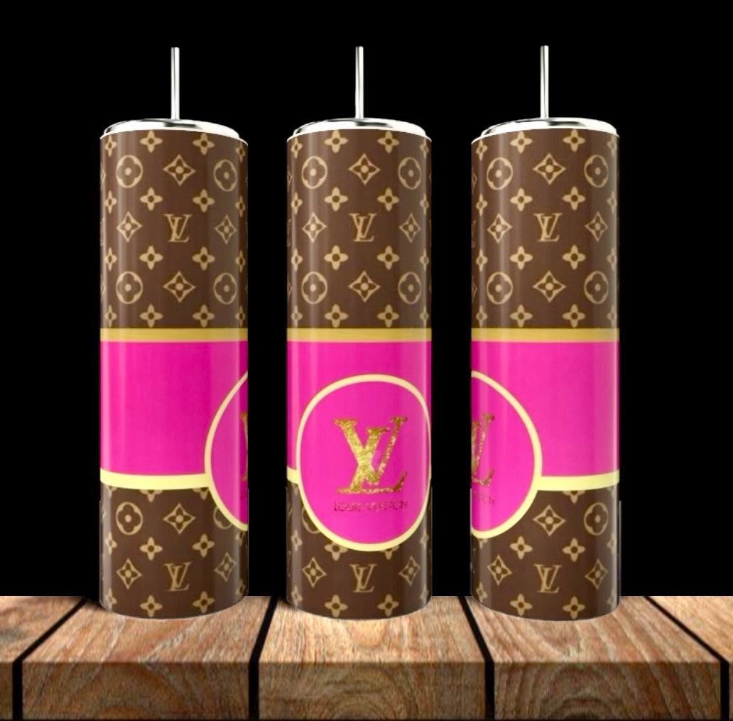 Three tall Kreative Kreationz LV Pink 20oz Tumblers, each with a brown and gold monogram pattern, bold pink band, and gold "LV" logo, are displayed on a wooden surface against a black background.