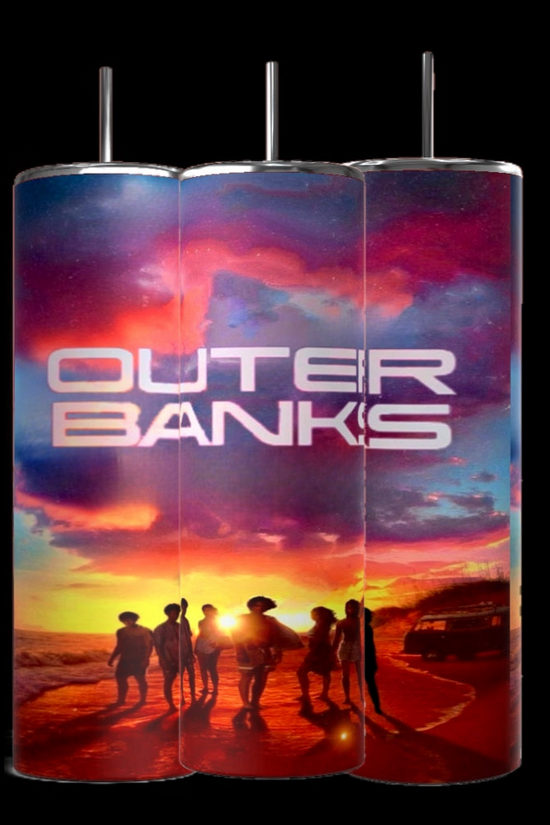 Kreative Kreationz offers three 20oz stainless steel tumblers with a sunset beach design featuring silhouettes of people and a vehicle. 