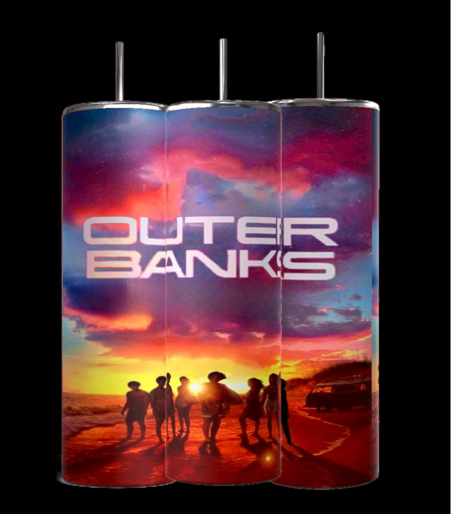 Kreative Kreationz offers three 20oz stainless steel tumblers with a sunset beach design featuring silhouettes of people and a vehicle. "OUTER BANKS" is displayed in bold white letters, making these OBX - Sunset tumblers stylish and eco-friendly for conscious consumers.