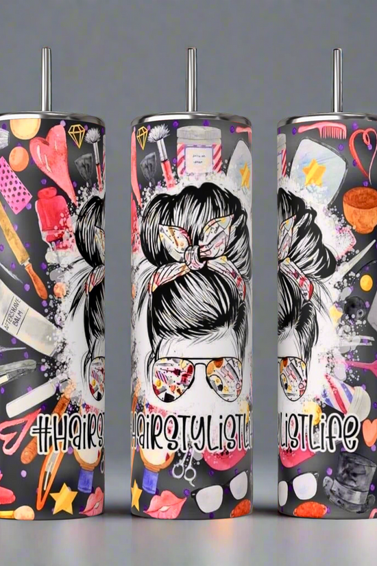 Three Hairstylist 20oz Tumblers by Kreative Kreationz showcase vibrant hair styling tools and accessories. The central tumbler features a stylized hair bun with scissors and a comb. Spill-proof lids ensure convenience against black, pink, and white designs. #HAIRSTYLISTLIFE.