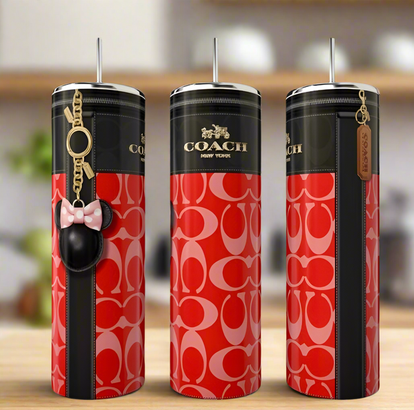 The Coach Red Minnie 20oz Skinny Tumbler by Kreative Kreationz is a stainless steel, eco-friendly tumbler featuring red and pink Coach logo patterns, black stripes, metal straw, and comes with a Minnie Mouse keychain or Coach leather tag.