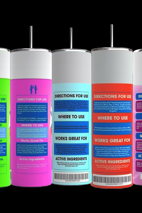 Five vibrant spray cans in green, pink, blue, red, and blue-purple are perfect for your creative projects and sit beside Kreative Kreationz's sleek Bitch Be Gone 20oz Tumbler. Each can includes sections like 