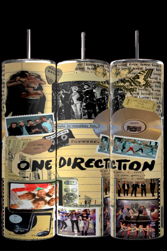 The set of three One Direction Aesthetic Collage 20oz Stainless Steel Tumblers by Kreative Kreationz is crafted with durable construction and showcases a vibrant collage design, including concert photos, band members, gold records, and song lyrics. The sleek design stylishly celebrates the music and highlights of the group.