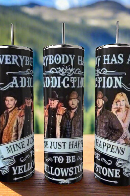 The Yellowstone Addiction 20oz Tumblers by Kreative Kreationz, featuring Western-attired figures with text 