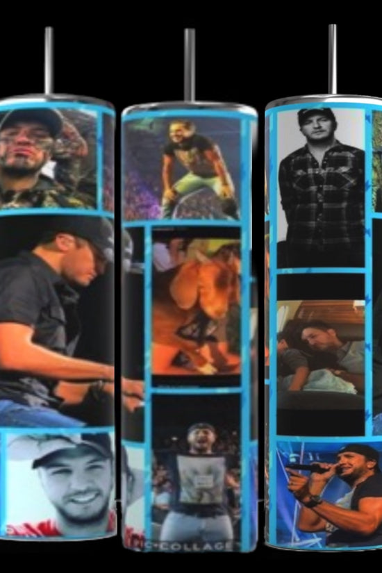 Three cylindrical objects, identified as Luke Combs 20oz Stainless Steel Tumblers by Kreative Kreationz, are shown with a collage of photographs of a man, featuring various candid and posed images, including one of him performing, another with his arms crossed, and others in casual settings.