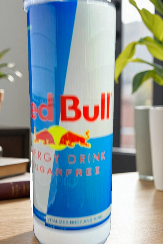 A collection of Red Bull lovers 20oz Tumblers from Kreative Kreationz, each displaying a different Red Bull flavor and distinct vibrant color. Arranged from left to right: Winter Edition (blue), Orange Edition (orange), Beach Edition (peach), Coconut Edition (white), Summer Edition (green), Original (silver), Sugarfree (white and blue stripe), and Tropical (yellow). Perfect for carrying your favorite energy drink without worrying about spills.