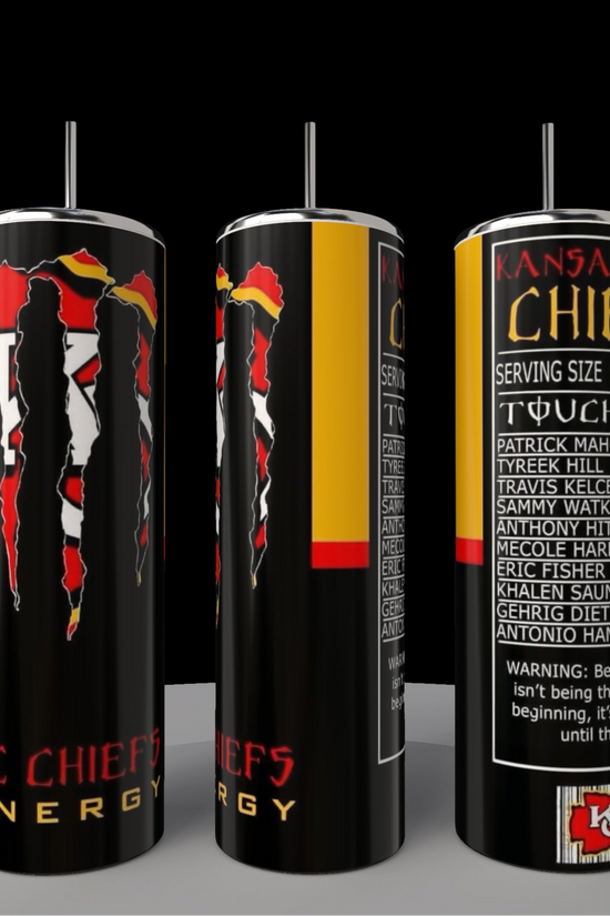 A set of three Kansas City Chiefs-themed 20oz skinny tumblers by Kreative Kreationz rests on a gray surface. Resembling eco-friendly drinkware, they feature claw marks and player names in white on black, accented with red and yellow. The iconic Chiefs logo adorns the bottom.