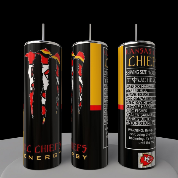 A set of three Kansas City Chiefs-themed 20oz skinny tumblers by Kreative Kreationz rests on a gray surface. Resembling eco-friendly drinkware, they feature claw marks and player names in white on black, accented with red and yellow. The iconic Chiefs logo adorns the bottom.