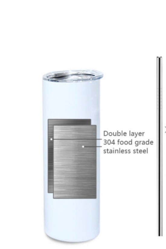 Introducing the FENDI Marble 20oz Skinny Tumbler by Kreative Kreationz, featuring a sleek design with a diagram that highlights its double-wall insulation and 304 food-grade stainless steel construction.