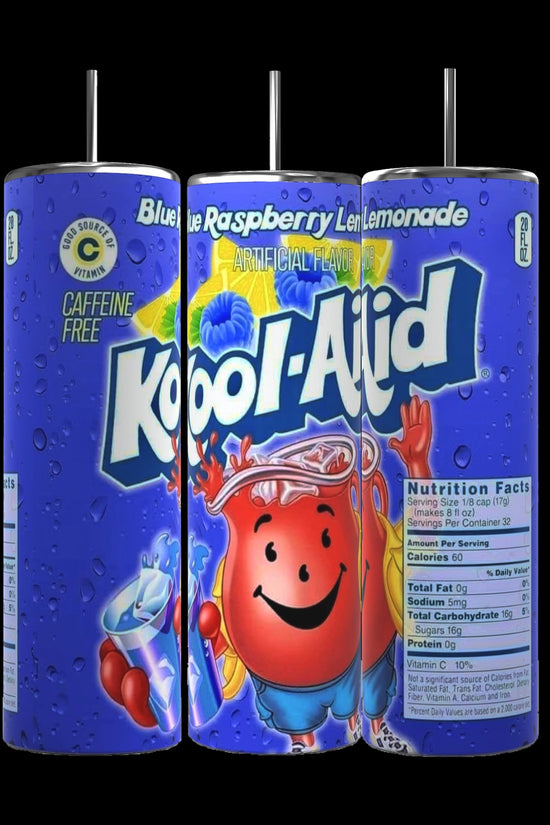 Three Kool-Aid Skinny Tumblers from Kreative Kreationz, each featuring the Kool-Aid Man mascot, offer a spill-proof lid with a 20 oz capacity. Styled with blue raspberry lemonade design and water droplets, they are caffeine-free and display nutrition facts.