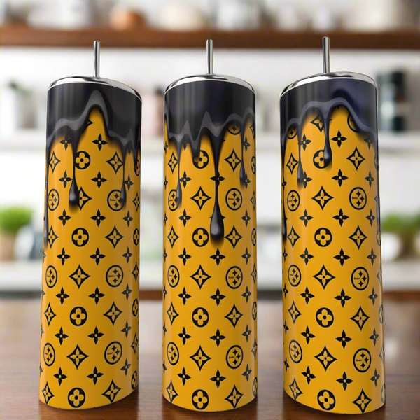 Three Steelers LV Drip - 20oz Skinny Tumblers by Kreative Kreationz, featuring tall yellow stainless steel with black drip and geometric patterns, stand side by side—a bold, eco-friendly drinkware choice.