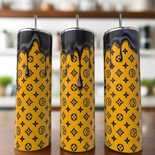 Three Steelers LV Drip - 20oz Skinny Tumblers by Kreative Kreationz, featuring tall yellow stainless steel with black drip and geometric patterns, stand side by side—a bold, eco-friendly drinkware choice.