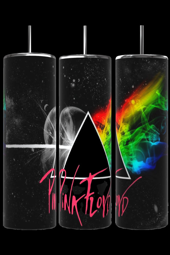 Three black tumblers from Kreative Kreationz are depicted, each featuring the iconic prism image from Pink Floyd's album 