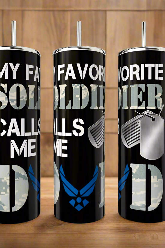 Three Kreative Kreationz Soldier Dad 20oz Tumblers with military themes—camo, Air Force blue, dog tags, and a customizable option—feature 