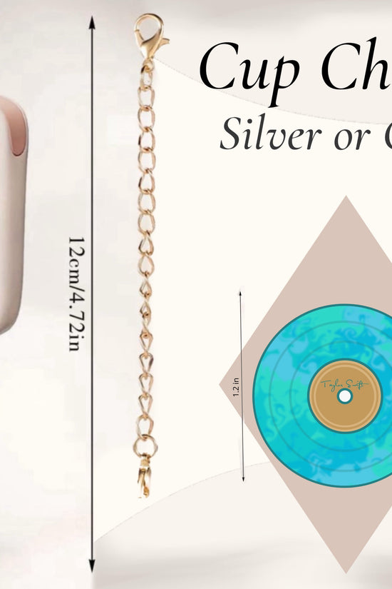 The Taylor Swift Vinyl Charm Dangle by Kreative Kreationz hangs from a 12 cm waterproof gold chain on a mug handle. A close-up shows the unique cup accessory, available in silver or gold.
