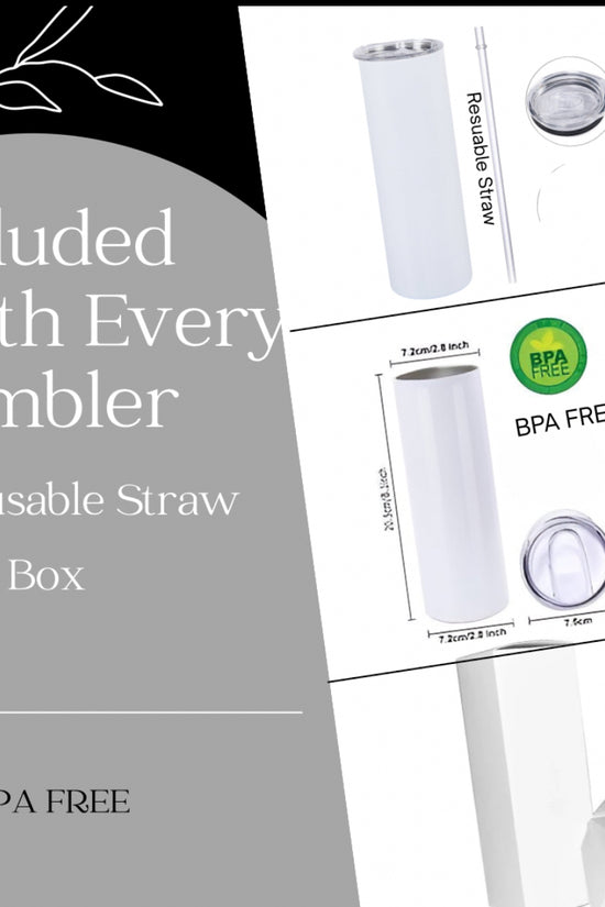 Promotional image of the Kreative Kreationz Alani 20oz SILVER STAINLESS STEEL Tumbler, featuring durable construction, BPA-free spill-proof lid, reusable straw, and gift box. Text highlights included items and BPA-free design.