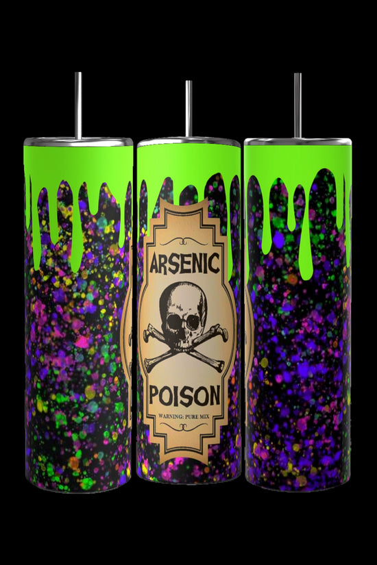 The Poison 20oz Tumblers by Kreative Kreationz feature a luxury design with green, purple, and black glitter. The centerpiece showcases a skull and crossbones labeled 