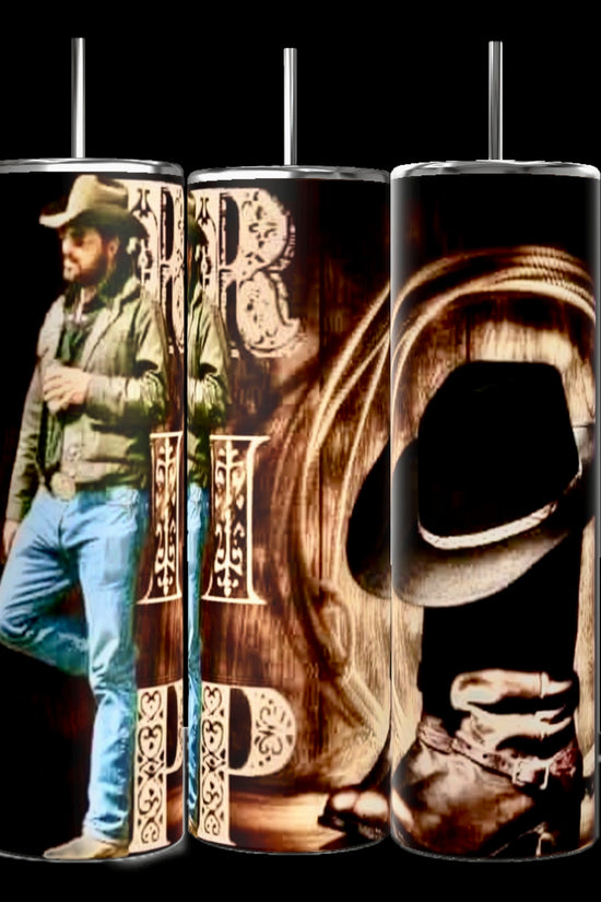 Kreative Kreationz's Yellowstone RIP 20oz Tumblers feature cowboy-themed designs: a man in cowboy attire on the left, intricate lettering in the middle, and a cowboy hat with rope on a wooden backdrop to the right. Ideal for eco-conscious fans of Western aesthetics.
