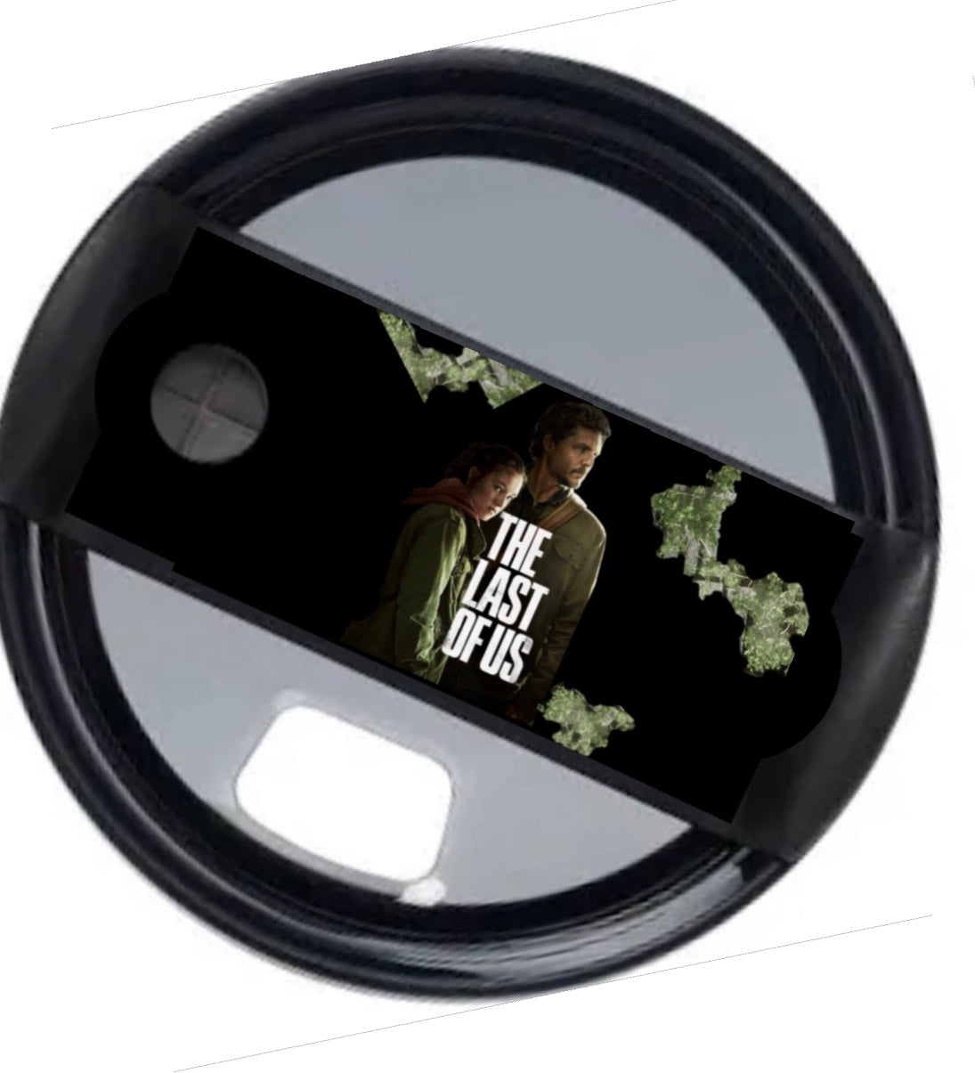 The Last Of Us Stanley Lid Topper by Kreative Kreationz: a black lid featuring two characters, the show's title, and green fungal accents—perfect for fans of the series.