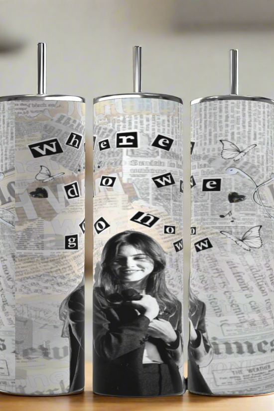 Set of three Gracie Abrams NY Times Music 20oz Skinny Tumblers by Kreative Kreationz, featuring eco-friendly stainless steel, newspaper print, black-and-white butterflies, collage text 