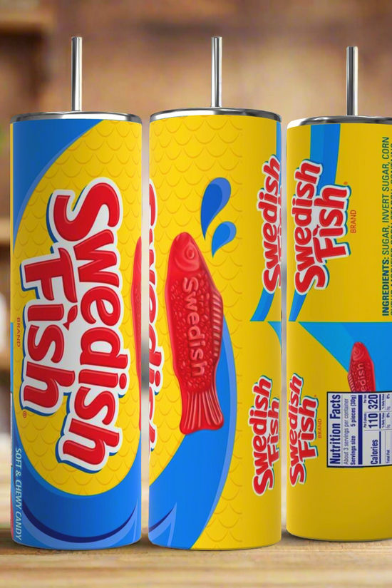 Three cylindrical Swedish Fish 20oz Stainless Steel Skinny Tumblers by Kreative Kreationz are displayed, each featuring a vibrant candy design. Predominantly blue and yellow with red fish graphics and the text 