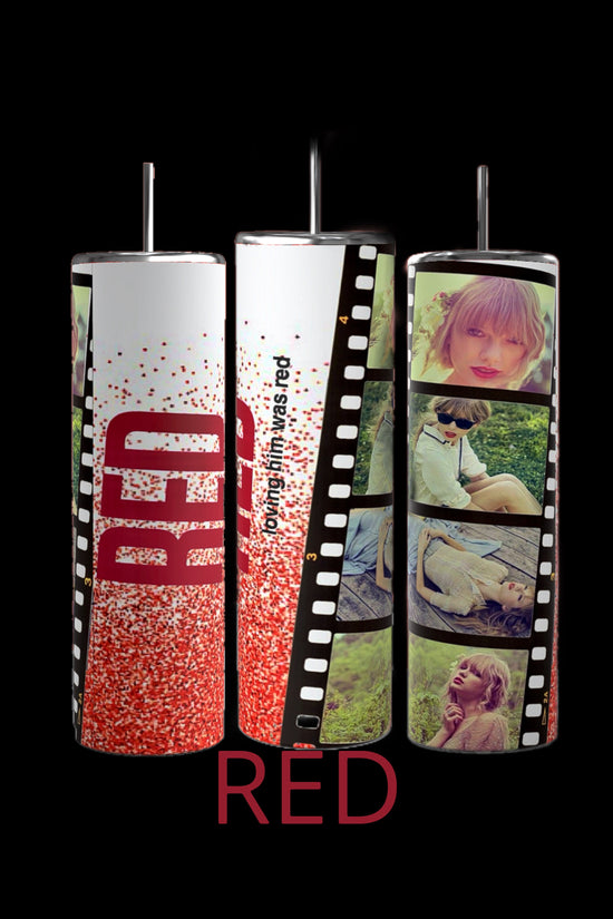 Three Taylor Swift ERAS 20oz Tumblers by Kreative Kreationz against a black background showcase images and text, resembling a film strip with photos of Taylor Swift in various outdoor settings. The word 